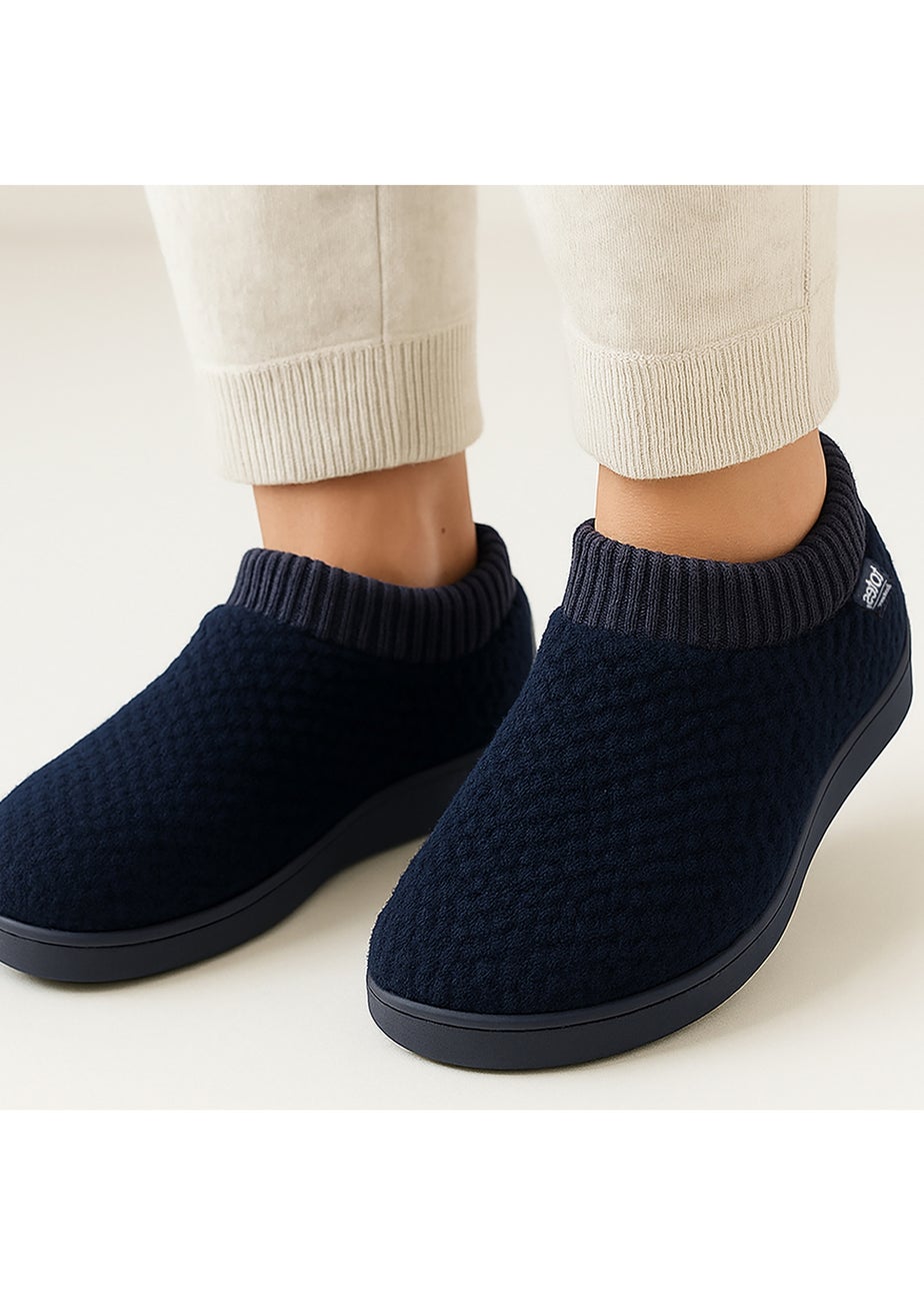 Totes Isotoner Navy Popcorn Full Back Bootie Slippers