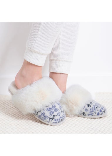 Totes Blue Ladies Fair Isle Knit Mule Slippers
