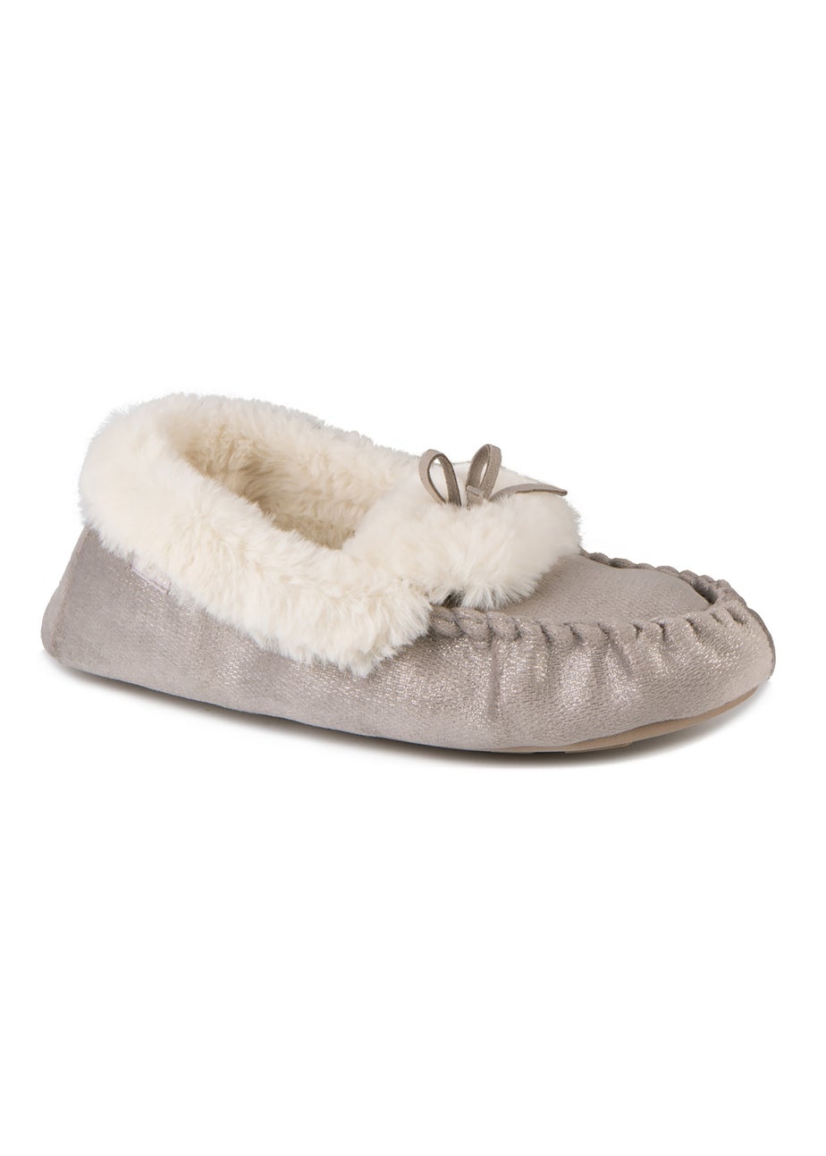 Totes Grey Ladies Sparkle Moccasin Slippers