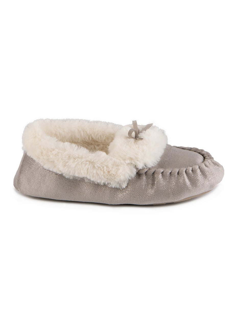 Totes Grey Ladies Sparkle Moccasin Slippers
