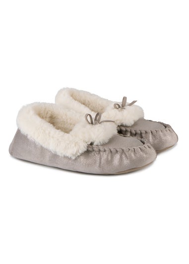 Totes Grey Ladies Sparkle Moccasin Slippers
