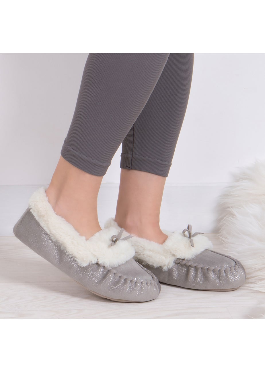 Totes Grey Ladies Sparkle Moccasin Slippers