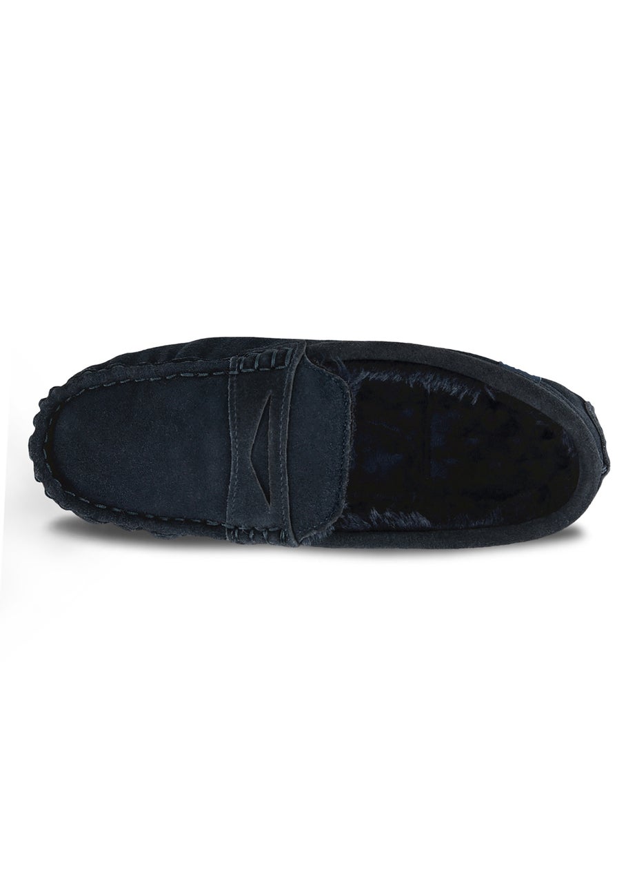 Totes Isotoner Navy Suede Moccasin With Water Repellency