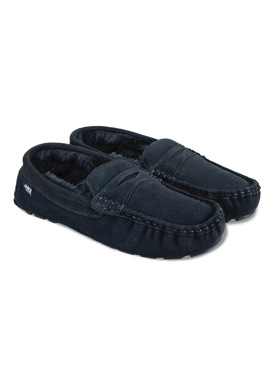 Totes Isotoner Navy Suede Moccasin With Water Repellency