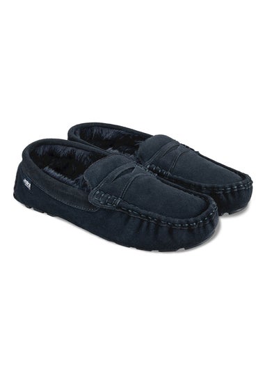 Totes Isotoner Navy Suede Moccasin With Water Repellency