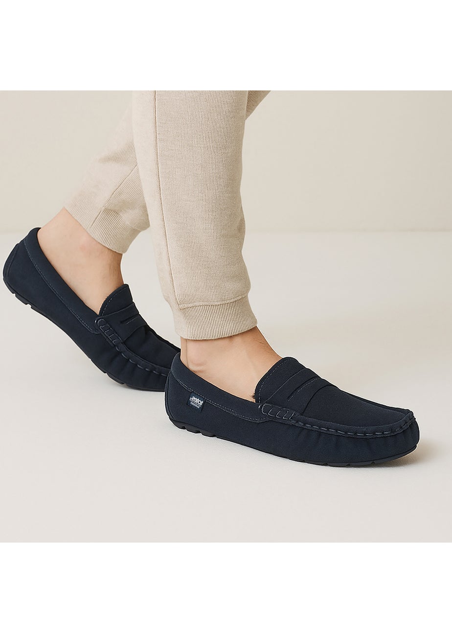 Totes Isotoner Navy Suede Moccasin With Water Repellency