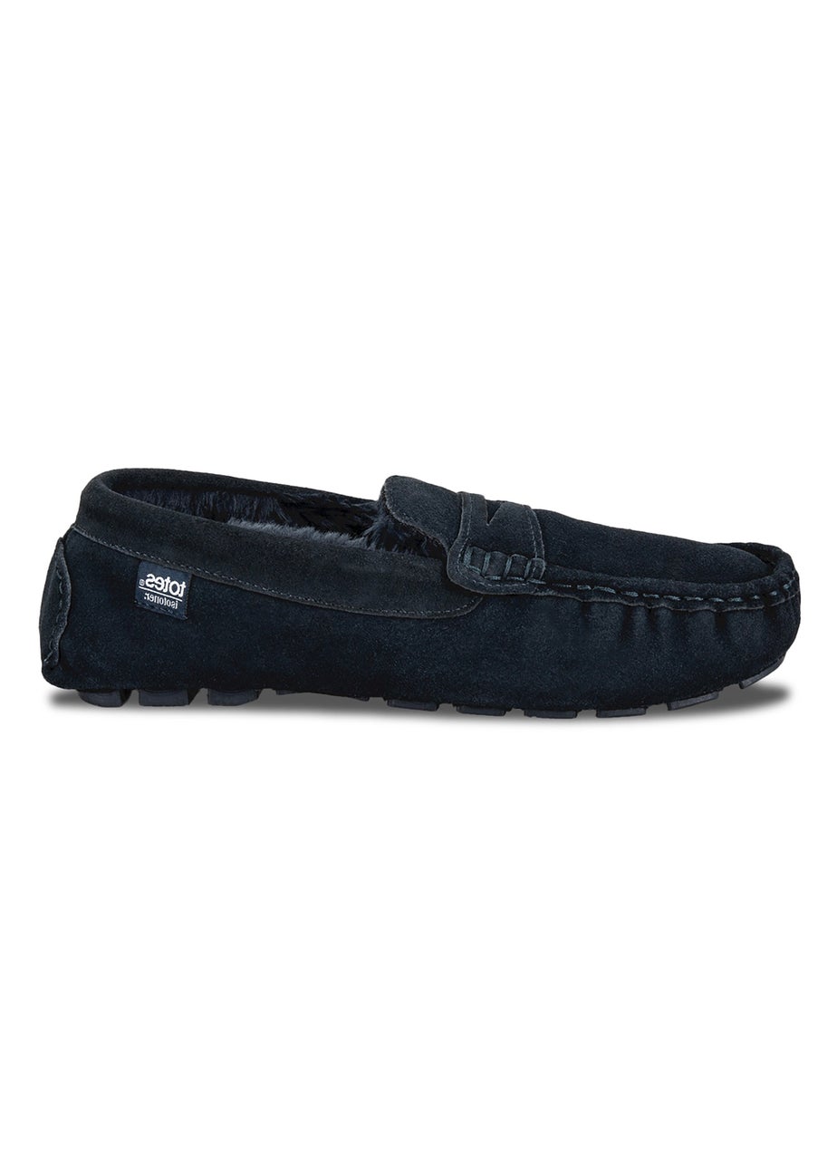Totes Isotoner Navy Suede Moccasin With Water Repellency