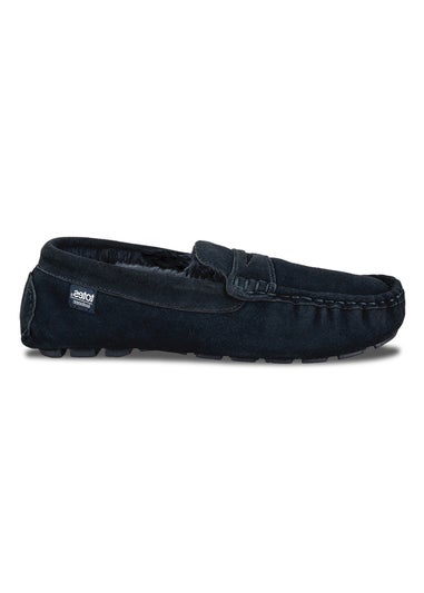 Totes Isotoner Navy Suede Moccasin With Water Repellency