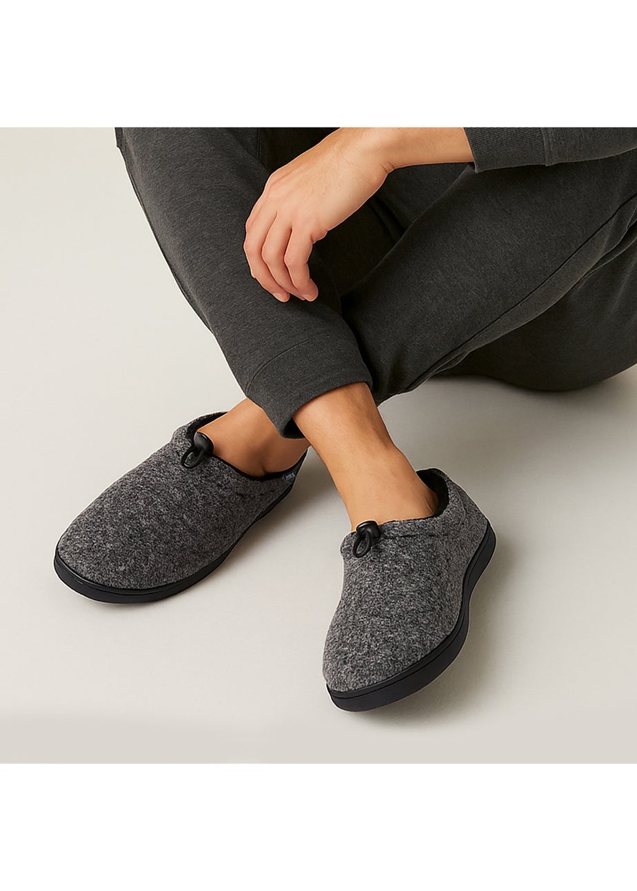 Totes Isotoner Grey Felt Full Back Slipper With Pull Toggle