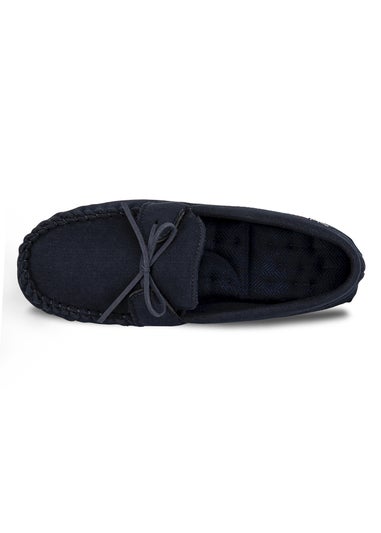 Totes Isotoner Navy Herringbone Lined Moccasin