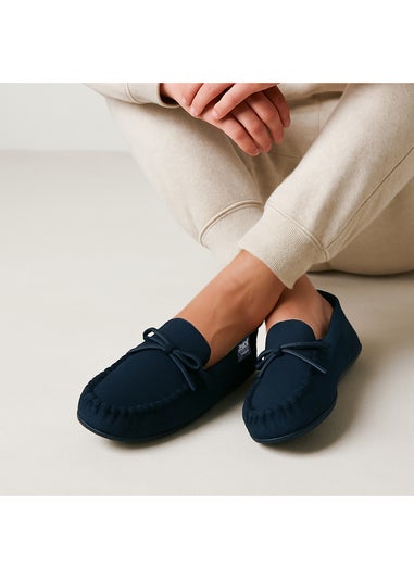 Totes Isotoner Navy Herringbone Lined Moccasin