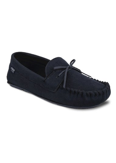 Totes Isotoner Navy Herringbone Lined Moccasin