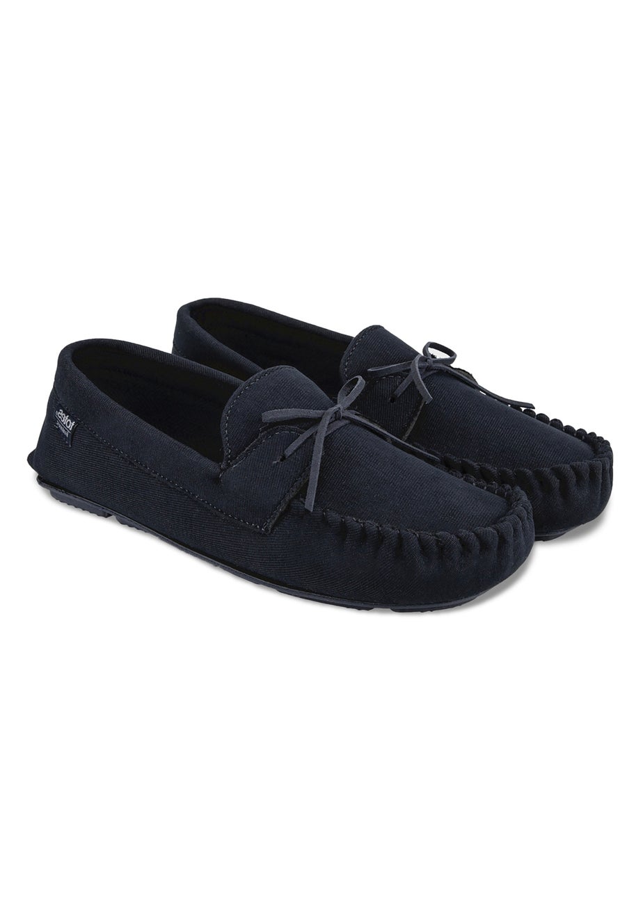 Totes Isotoner Navy Herringbone Lined Moccasin