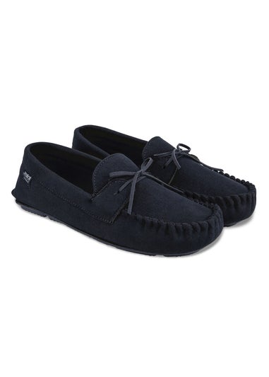 Totes Isotoner Navy Herringbone Lined Moccasin