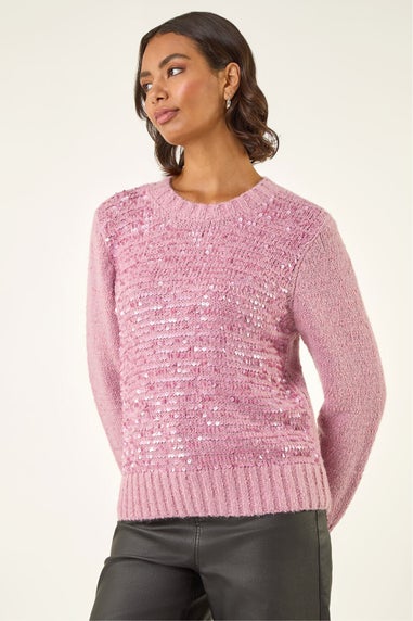 Roman Pink Sequin Crew Neck Knit Jumper