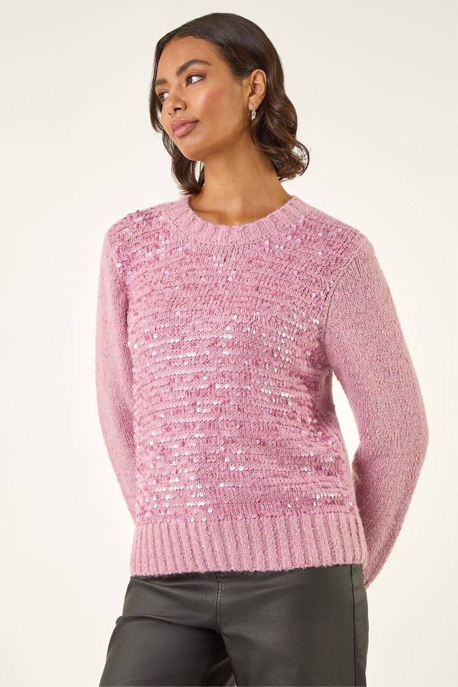 Roman Pink Sequin Crew Neck Knit Jumper