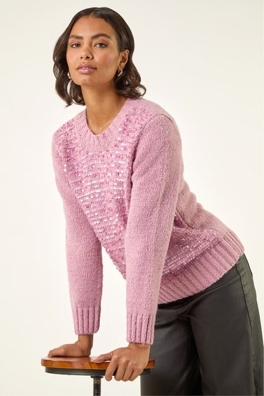 Roman Pink Sequin Crew Neck Knit Jumper