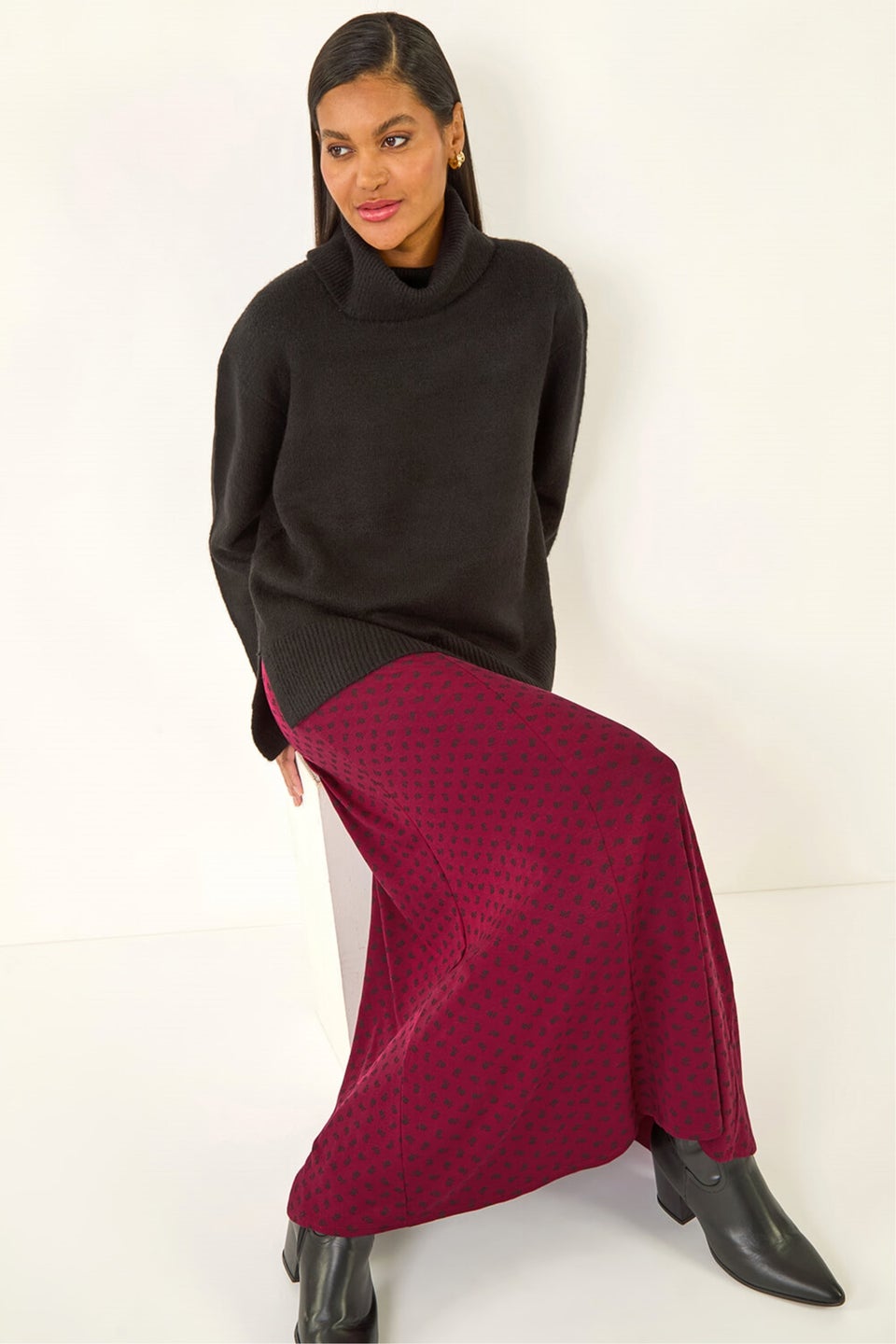 Roman Burgundy Ditsy Floral Print Stretch Midi Skirt