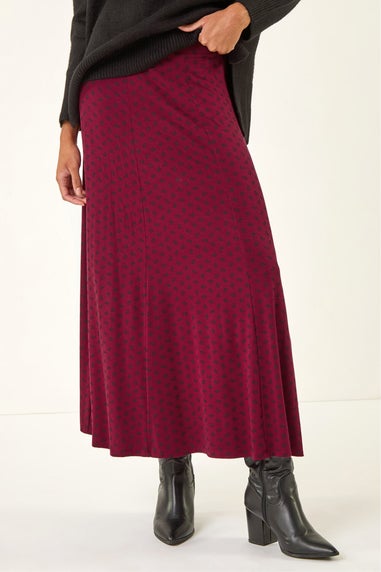 Roman Burgundy Ditsy Floral Print Stretch Midi Skirt