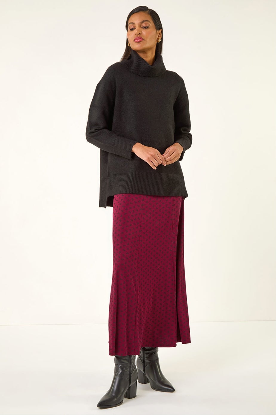 Roman Burgundy Ditsy Floral Print Stretch Midi Skirt