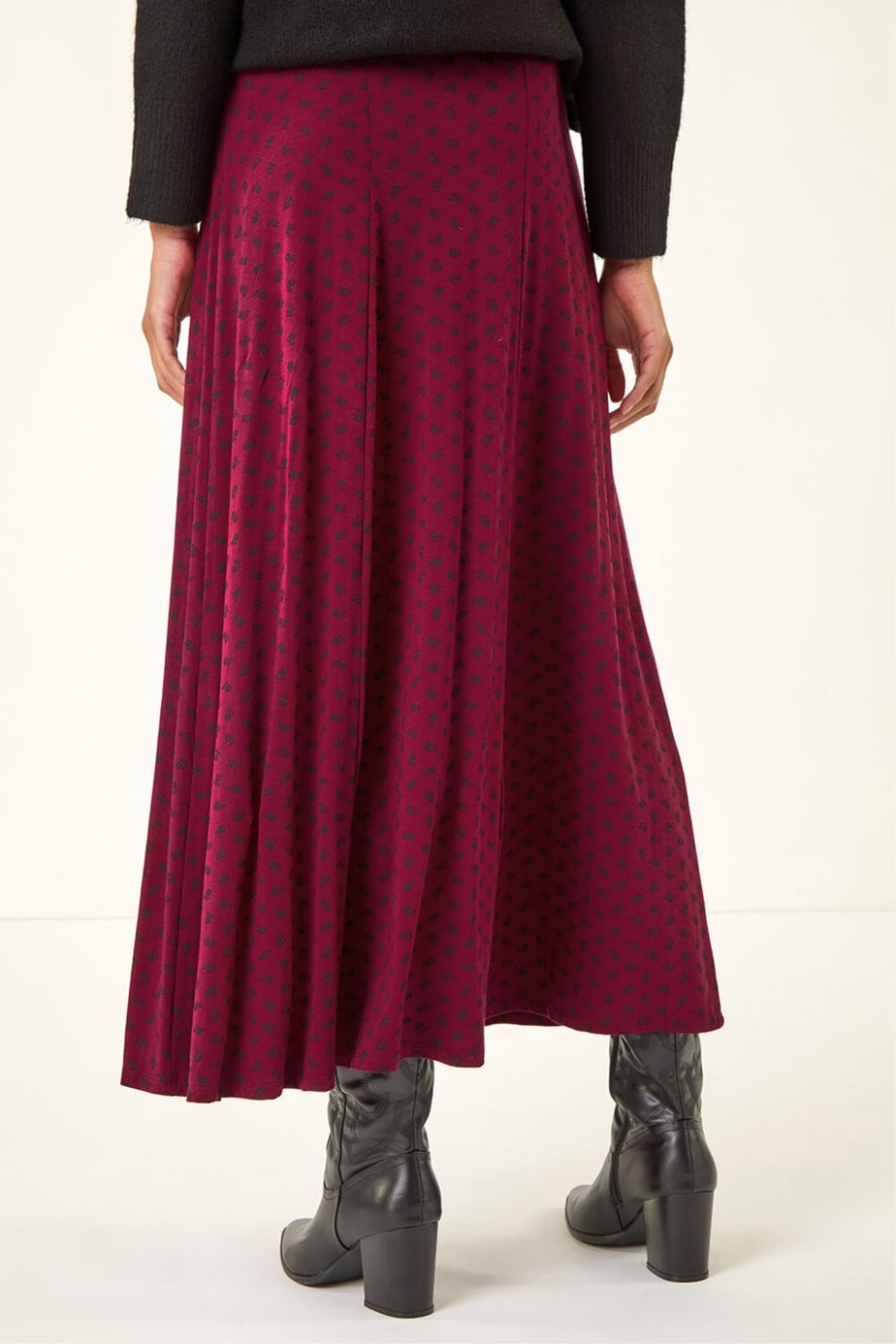 Roman Burgundy Ditsy Floral Print Stretch Midi Skirt