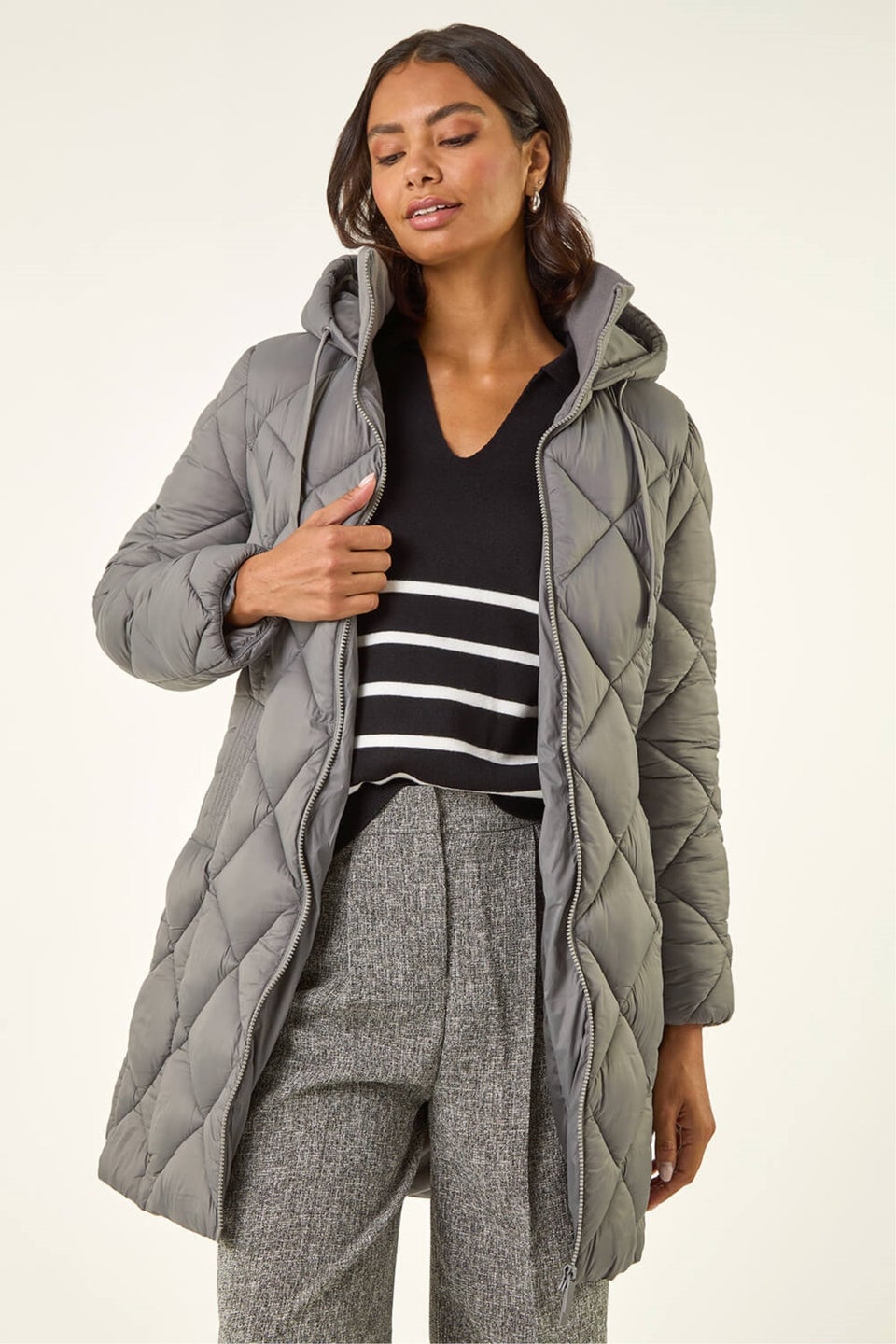 Roman Grey Diamond Quilt Padded Coat