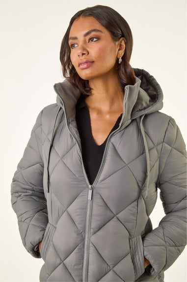 Roman Grey Diamond Quilt Padded Coat