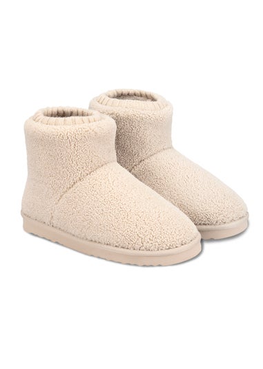 Totes Isotoner Cream Borg Boot With Cuff Detail