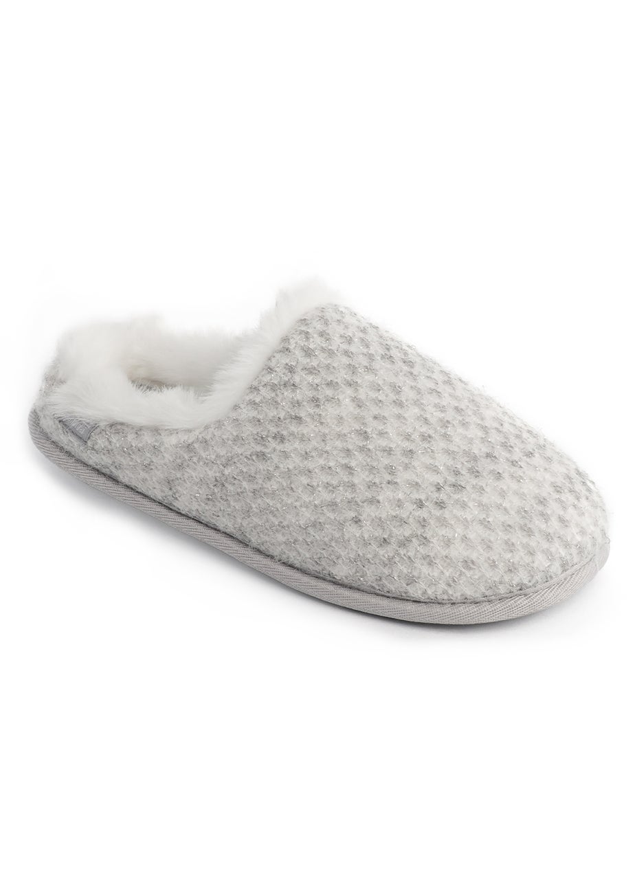 Totes Isotoner Grey Sparkle Knit Swept Back Mule Slippers