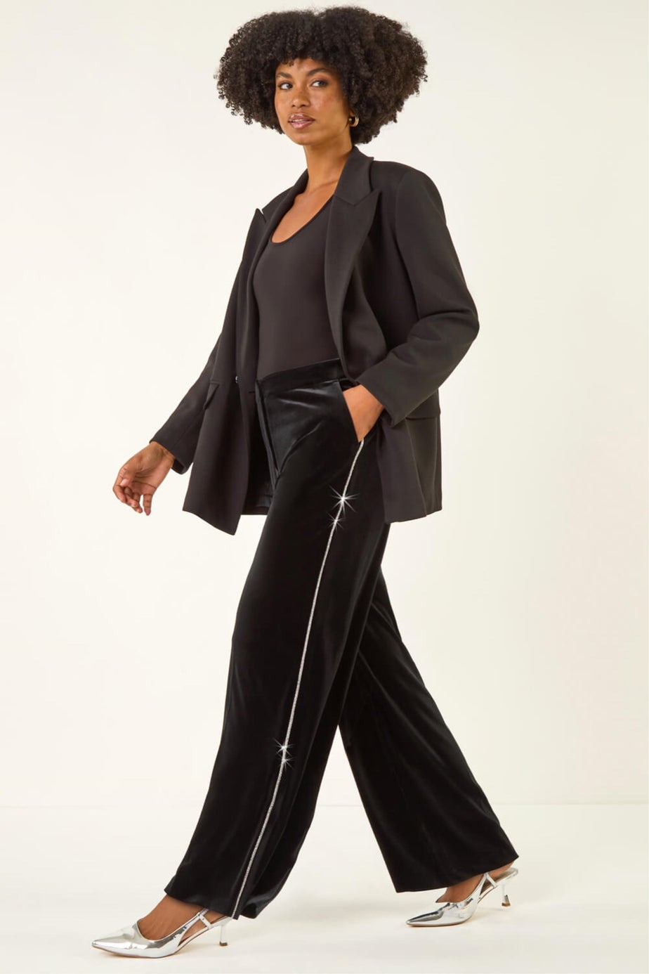Roman Black Velvet Diamante Side Trim Trouser