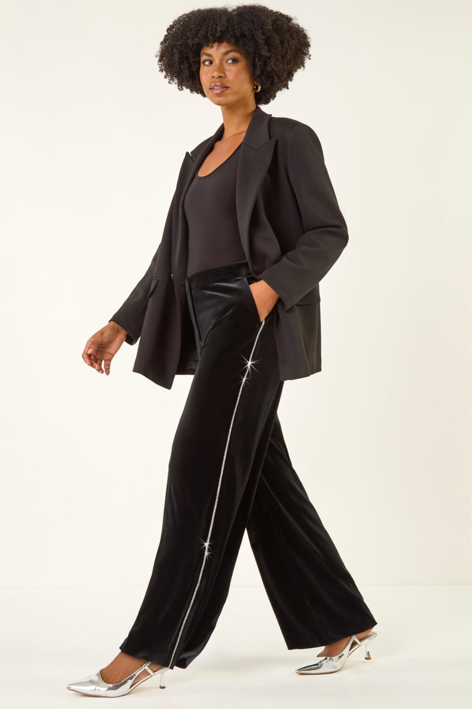 Roman Black Velvet Diamante Side Trim Trouser