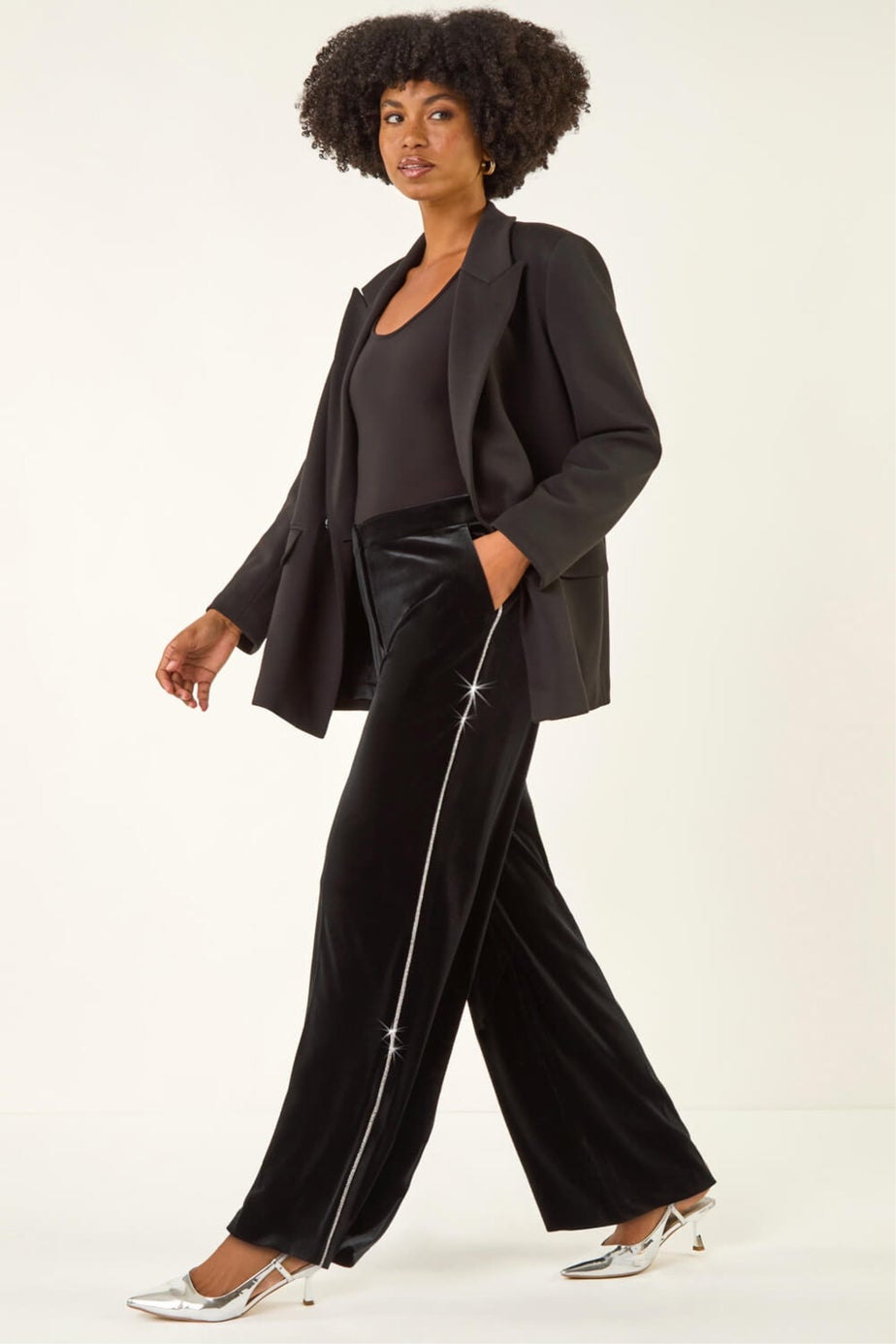 Roman Black Velvet Diamante Side Trim Trouser