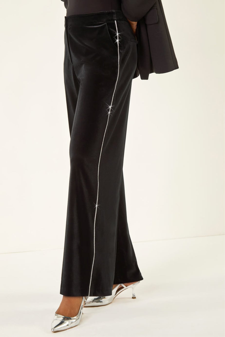 Roman Black Velvet Diamante Side Trim Trouser
