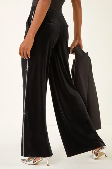 Roman Black Velvet Diamante Side Trim Trouser