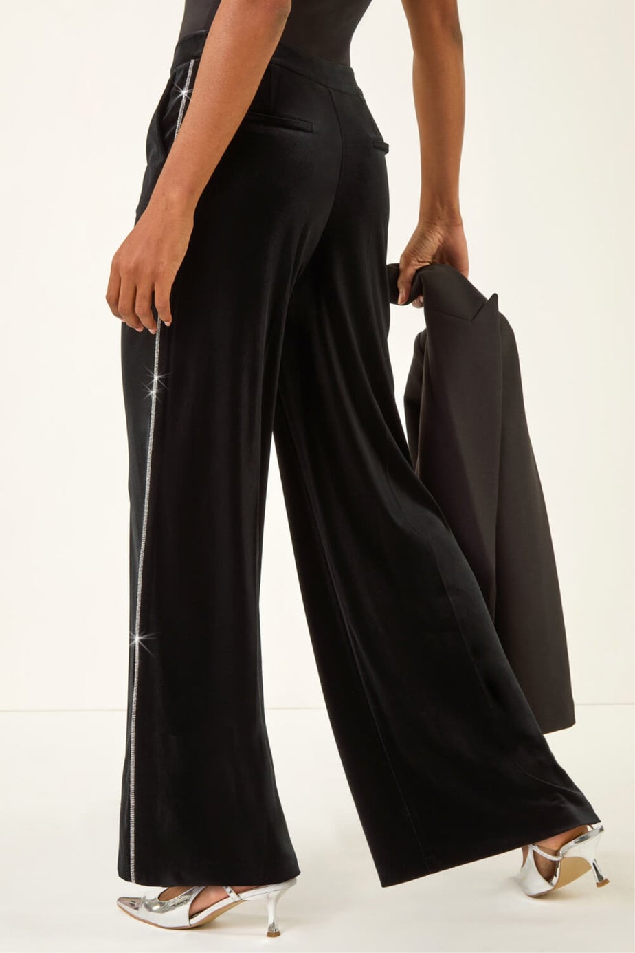 Roman Black Velvet Diamante Side Trim Trouser