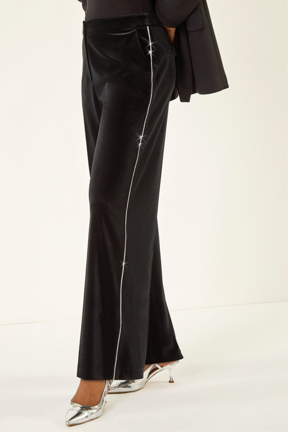 Roman Black Velvet Diamante Side Trim Trouser