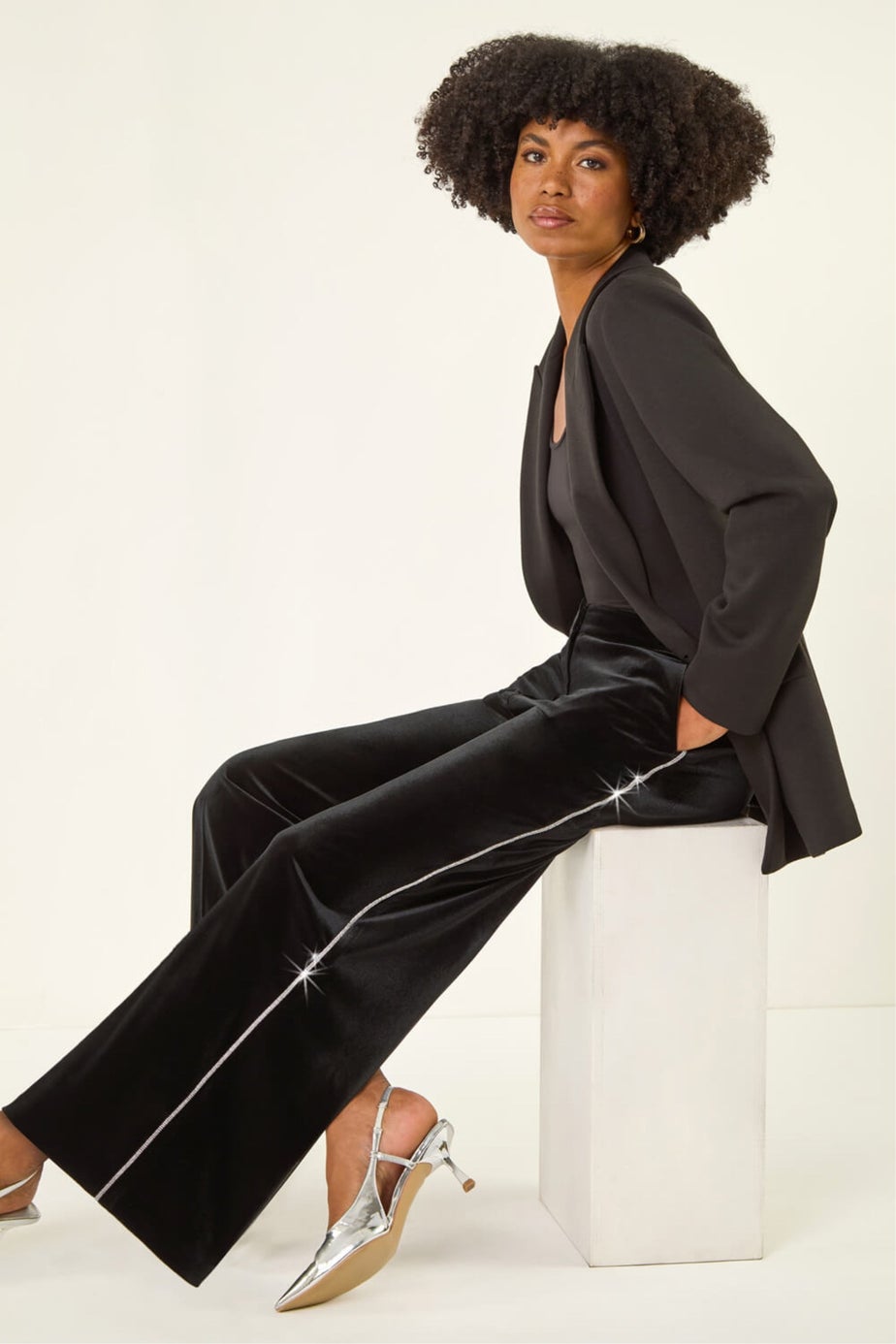 Roman Black Velvet Diamante Side Trim Trouser