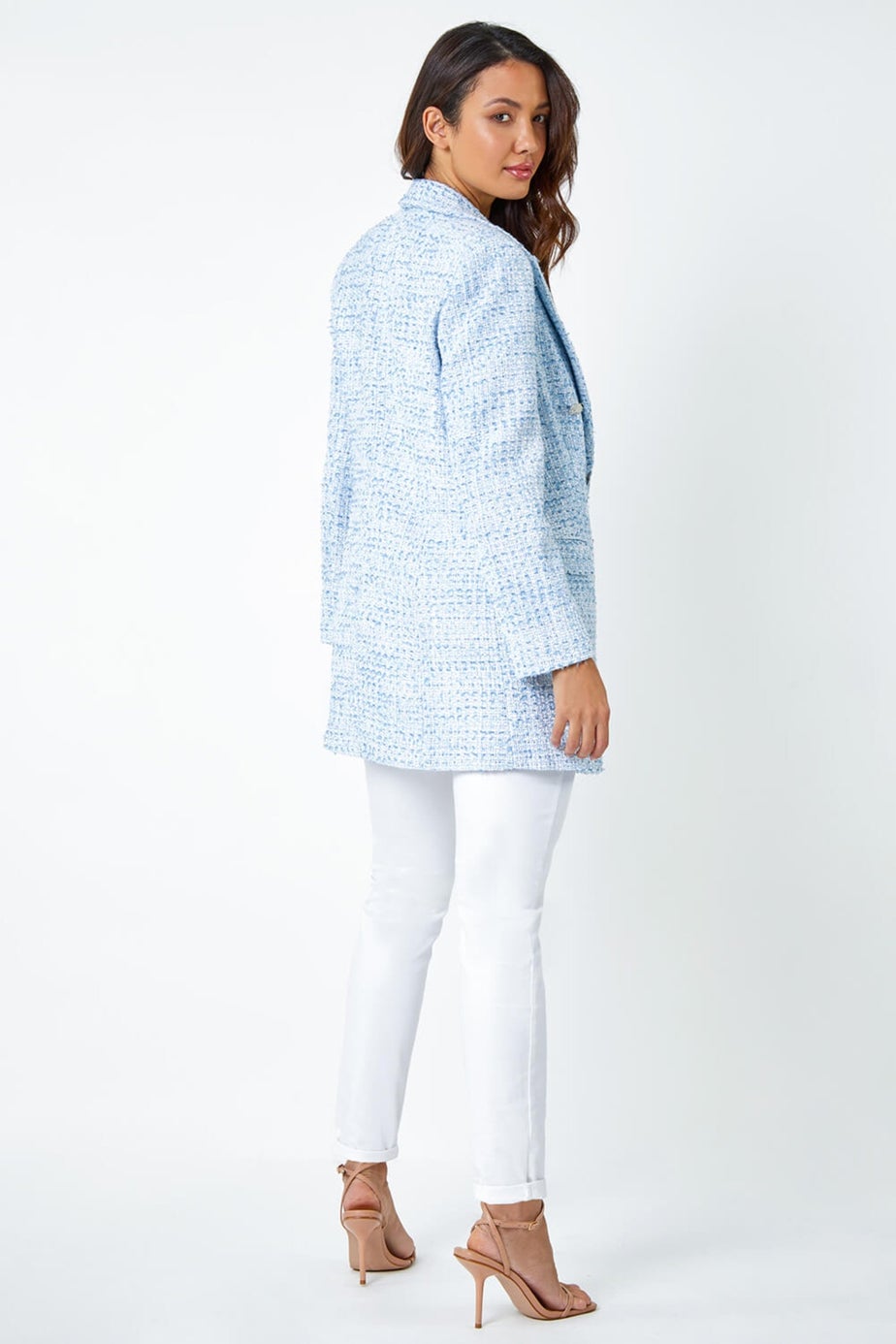 Roman Light Blue Textured Check Boucle Blazer Jacket