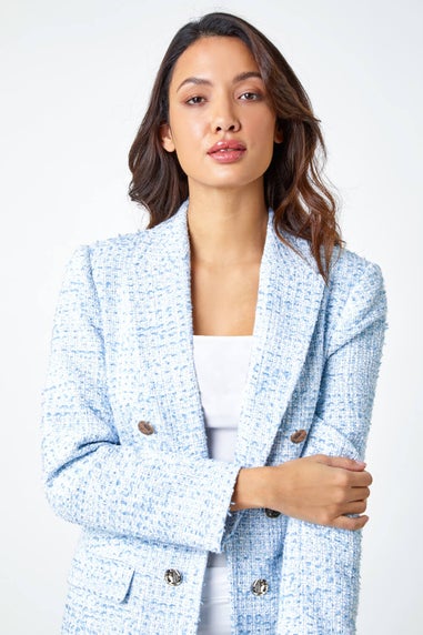 Roman Light Blue Textured Check Boucle Blazer Jacket