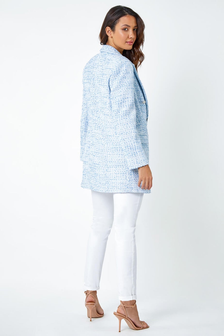 Roman Light Blue Textured Check Boucle Blazer Jacket