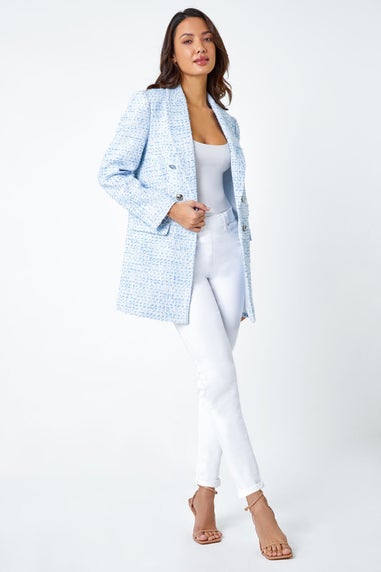 Roman Light Blue Textured Check Boucle Blazer Jacket