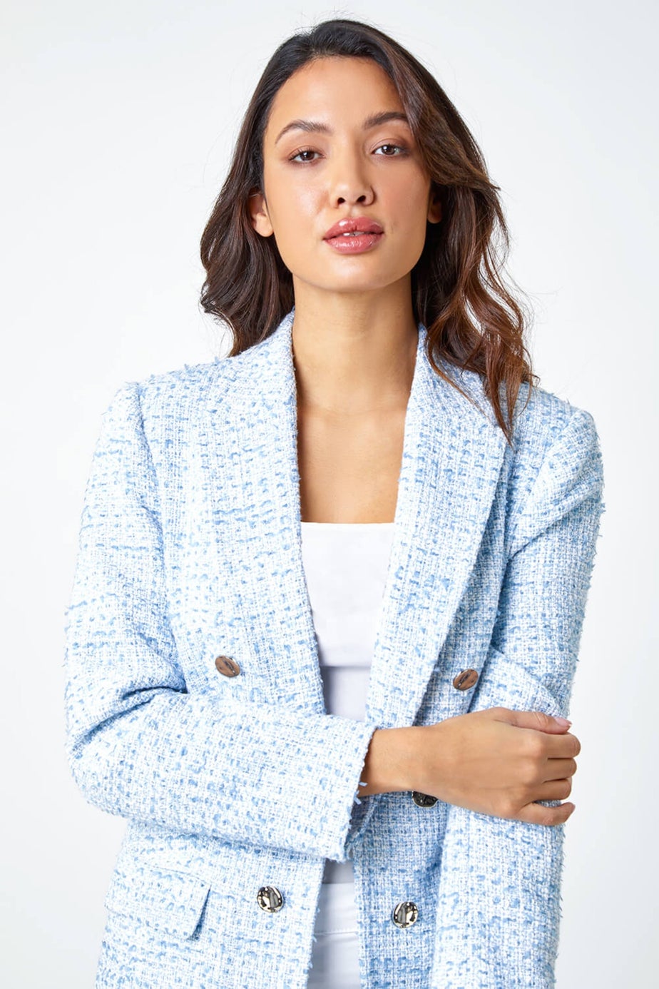 Roman Light Blue Textured Check Boucle Blazer Jacket