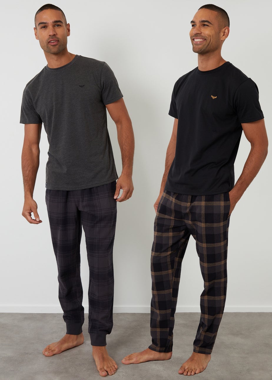 Threadbare Black 2 Pack Short Sleeve Top & Check Pants Pyjama Sets