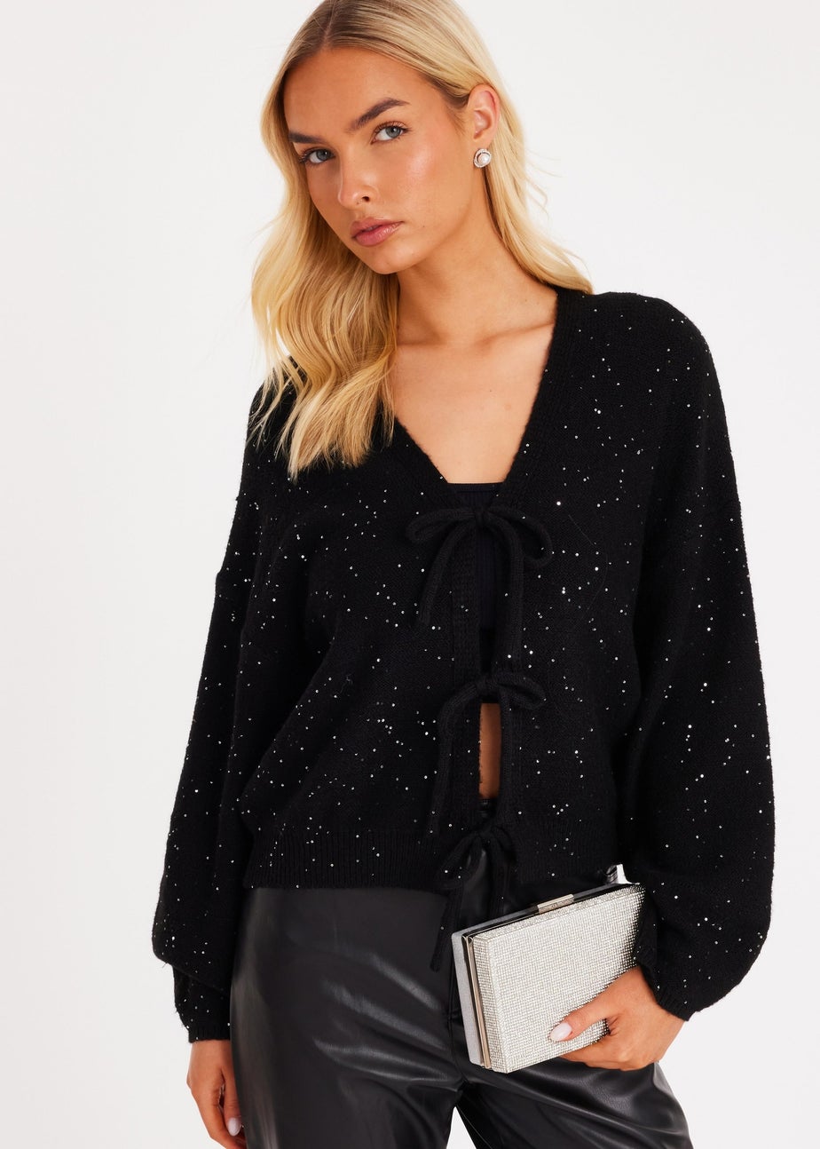 Quiz Black Sequin Tie Front Cardigan