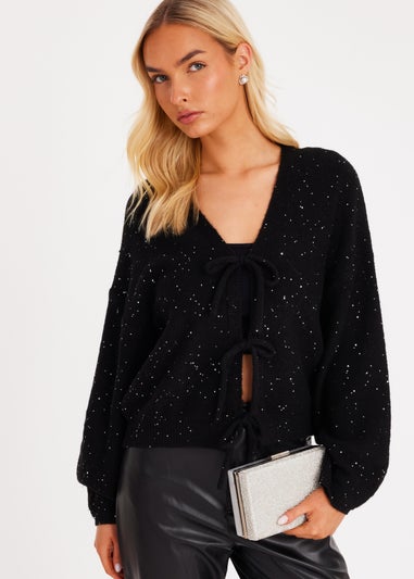 Quiz Black Sequin Tie Front Cardigan