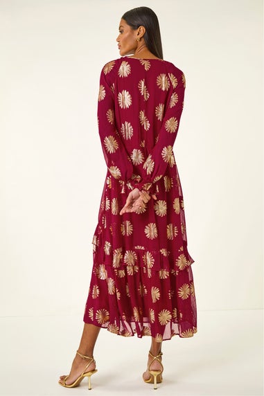 Roman Red Frill Brocade Midi Dress