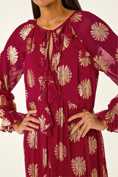 Roman Red Frill Brocade Midi Dress