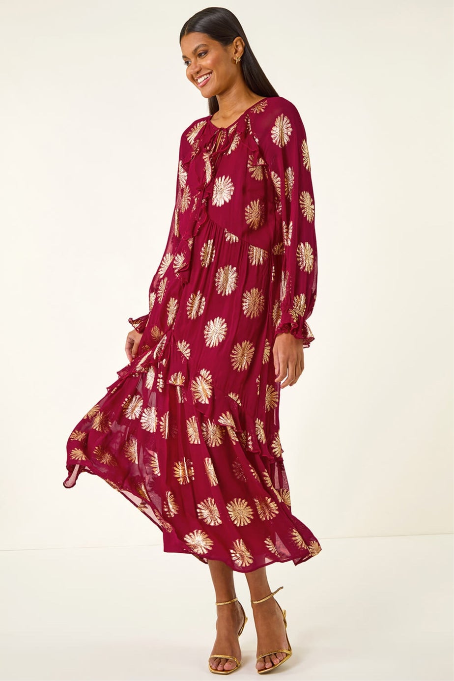 Roman Red Frill Brocade Midi Dress