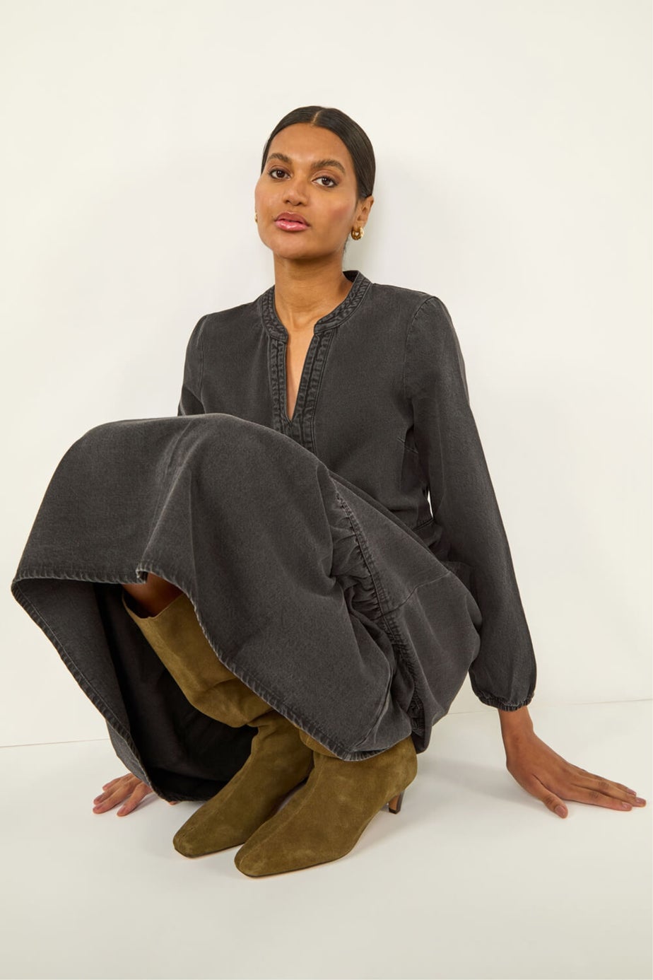 Roman Black Cotton Denim Tiered Midi Dress