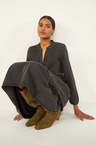 Roman Black Cotton Denim Tiered Midi Dress